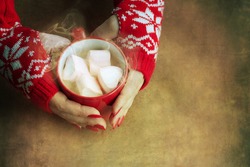 Hands holding a mug of hot chocolate with marshmallows 