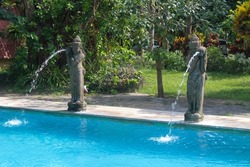 a statue of a fountain in a swimming pool