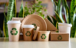 Paper eco-friendly disposable tableware with recycling signs on the background of green plants. The concept of using biodegradable materials.