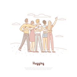 Male, female friends hugging back view, students on picnic, siblings outdoors, young men, women together banner