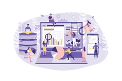 Business Concept Data Analysis,Teamwork. Group of Clerks conduct Statistics on the Internet. Collective performance of tasks at the Office. Cartoon flat Design, Isolated Vector Illustration