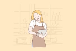 Order food online concept. Young happy businesswoman takes an order from a customer or makes an order from a supplier. Start of working day. Simple flat vector.