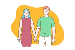 Happy marriage and romantic relationships, man and woman understanding and respect, strong family bond concept. Couple holding hands, boyfriend and girlfriend dating. Simple flat vector