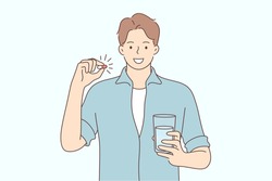 Health, care, medicine, advertisement, drug concept. Young happy smiling man guy boy cartoon character holds pharmacy pills and glass of water. Healthy lifestyle promotion medical support illustration