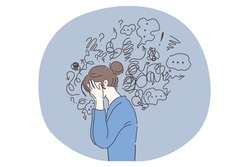 Headache, depression, anxiety concept. Vector illustration. Crying woman suffering fatigue from frustration depression complex psychological disease. Mental stress panic mind disorder illustration.