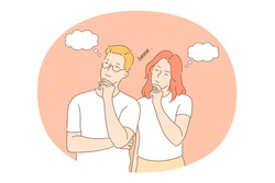 Thinking and doubt concept. Young teen couple standing, feeling frustrated and thinking together about something looking aside vector illustration. Thoughts ideas pensive people 