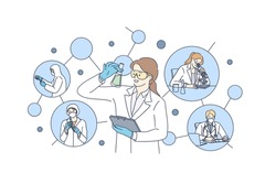 Chemical laboratory tests and research concept. People scientists in uniform and protective masks and gloves working on antiviral treatment and making vaccine discovery vector illustration 
