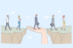 Protection and partnership concept. Human hand helping business people to step from one side to another supporting as help service assistance with insurance care vector illustration