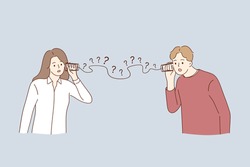 Misunderstanding, communication problems, questions concept. Man and woman couple cartoon characters having troubles in communication trying to hear each other with glasses and wire illustration