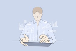 Development strategy, working, business analyse concept. Young smiling businessman cartoon character sitting working on laptop computer with digital layer business strategy and social media diagram 