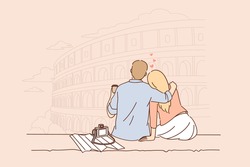Traveling and vacation in Rome concept. Young couple sitting backwards having trip romantic vacation to Italy Rome drinking coffee hugging vector illustration 