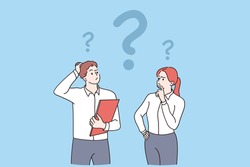 Feeling doubt, question, thinking concept. Young frustrated man and woman business partners cartoon characters standing feeling doubt with question signs above vector illustration 