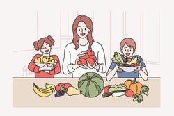 Healthy food for kids and family concept. Happy smiling mother daughter and little son cartoon characters standing preparing healthy smoothie in kitchen vector illustration 