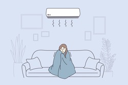 Flu, Fever, feeling cold concept. Young sad woman cartoon character in warm blanket sitting on sofa feeling sick and fever at home vector illustration 