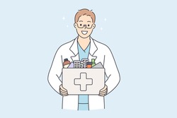 Pharmacy and selling drugs concept. Pharmacist standing and holding bag with pharmacy drugs treatment in bottle alone looking at camera vector illustration