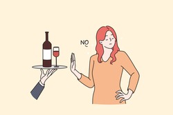 Healthy lifestyle and avoiding alcohol concept. Young Woman standing saying no to alcohol refusing of glass of wine with raised hand vector flat illustration