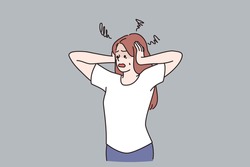 Anxiety, panic and stress concept. Young anxious female cartoon character standing touching head feeling stressed vector illustration 