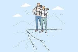 Trip, adventure and summer vacations concept. Young happy couple cartoon characters standing with backpacks looking at scenery view from mountain top peak feeling freedom vector illustration 