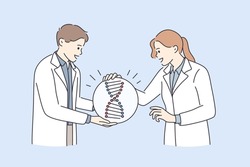 Genetic research and dna tests concept. Young man and woman doctors scientists standing around huge dna molecule talking discussing scientific experiment vector illustration 
