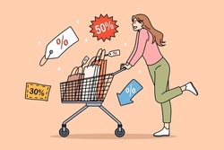 Sales during shopping and purchase concept. Happy young woman cartoon character rolling shopping bag full of discount purchases shopping vector illustration 
