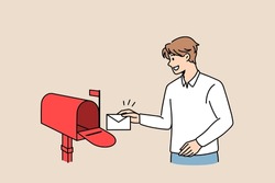 Sending post letter service concept. Young smiling man cartoon character standing putting envelope with letter into red post office box vector illustration 