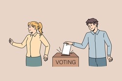 People put paper in ballot box voting at election. Voters make decision or choice, select candidate for president or minister. Politics, democracy concept. Flat vector illustration. 