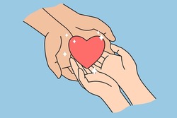 People hold heart in hands show love and care in relations. Human kindness and support. Volunteer demonstrate mercy and goodness. Charity, affection concept. Flat vector illustration. 