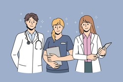 Healthcare medicine and doctors concept. Group of young smiling doctors with stethoscope and nurse standing with documents and looking at camera as team vector illustration 