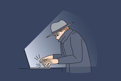 Online crime and fraud concept. Young man fraud thief sitting at laptop committing computer internet crime making attack hacking vector illustration 