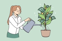 Growing profit and financial success concept. Smiling woman worker standing and watering green money plant tree with cash money on branches vector illustration 