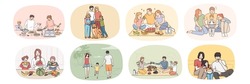 Set of smiling young parents with small children relax together eat tasty food use gadgets. Bundle of happy family with kids have fun rest at home and outdoors. Unity and bonding. Vector illustration.