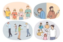 Set of diverse people addicted to cellphones text and message on gadgets. Collection of diverse humans use smartphones scroll browse social media. Device addiction. Vector illustration. 