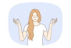 Meditation and getting harmony concept. Young relaxed woman with eyes closed standing meditating and getting balance with mind and body vector illustration 
