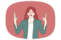 Anger rage and panic concept. Young furious angry aggressive woman standing shouting screaming and expressing her negative emotions vector illustration 