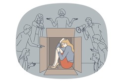 Bullying and public opinion concept. Young stressed woman hiding in box trying to het rid of people bullying and public opinion vector illustration 