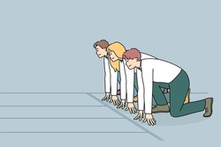Motivated businesspeople stand at starting position ready for sprint run. Confident diverse employees or clerks compete for better position. Work rivalry or competition. Flat vector illustration. 