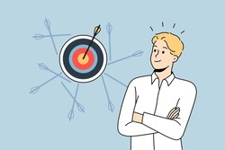 Happy young businessman hit target with arrow after several failure attempts. Concept of business success and goal achievement. Man employee reach aim. Flat vector illustration. 