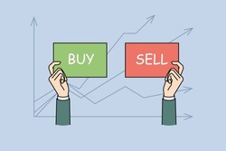 Businessman hands on stock market chart background hold Buy and Sell signs. Man trader or investor exchange business data. Trading and investing concept. Flat vector illustration. 