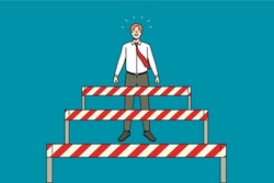Businessman stand overcome obstacles on way to career or work success. Motivated happy man employee pass barriers to achievement. Challenge and accomplishment. Vector illustration. 