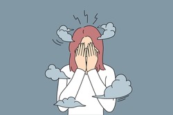 Unhappy woman covering face with hands feeling dizzy and anxious suffer from mental problems. Upset girl struggle with burnout or depression. Healthcare. Vector illustration. 