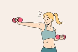 Active fit young woman with dumbbells training for good body figure. Toned girl in sportswear workout do sports follow healthy lifestyle. Vector illustration. 