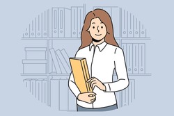 Smiling businesswoman hold folder in hands posing on office. Woman lawyer or manager stand near bookshelf with official documents. Vector illustration. 