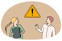 Scared businesspeople frustrated with exclamation warning sign. Anxious woman and man afraid of caution symbol aware of business risk or problem. Failure prevention concept. Vector illustration.