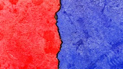 Opposed colors texture banner, abstract political election conflicts concept background, e.g., USA, Republican party red color VS Democratic party blue color pattern painted on weathered cracked wall