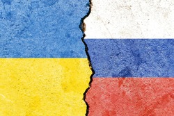 Faded Ukraine VS Russia national flags icon isolated on broken weathered cracked concrete wall background, abstract Ukraine Russia politics economy relationship conflicts concept texture background