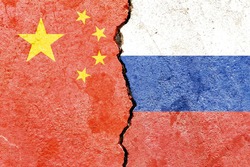 Grunge China vs Russia national flags icon isolated on broken wall with cracks background, abstract China Russia politics economy relationship friendship divided conflicts concept texture wallpaper