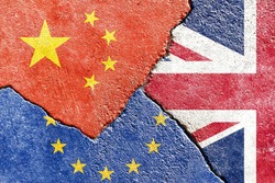 Grunge China vs UK vs EU national flags icon on broken wall with cracks background, abstract China United Kingdom Europe international politics economy relationship divided conflicts concept wallpaper