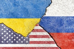 Ukraine vs USA vs Russia national flags icon grunge pattern on broken weathered wall with cracks background, abstract Ukraine US Russia politics economy relationship conflict concept texture wallpaper