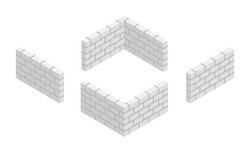 Set of isometric white brick wall corners with cement mortar isolated on white background. New grey brick wall vector icon. Autoclaved aerated concrete block fence. 3D vector cartoon flat illustration