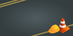 Vector background with orange plastic traffic cones, construction helmet, safety tape and copyspace. Under construction template on dark gray background. Vector illustration.